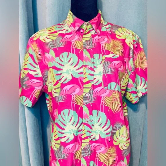 Massive Flamingo Hawaiian Shirt Size Small Pink Green Bright Button Up - Picture 2 of 13